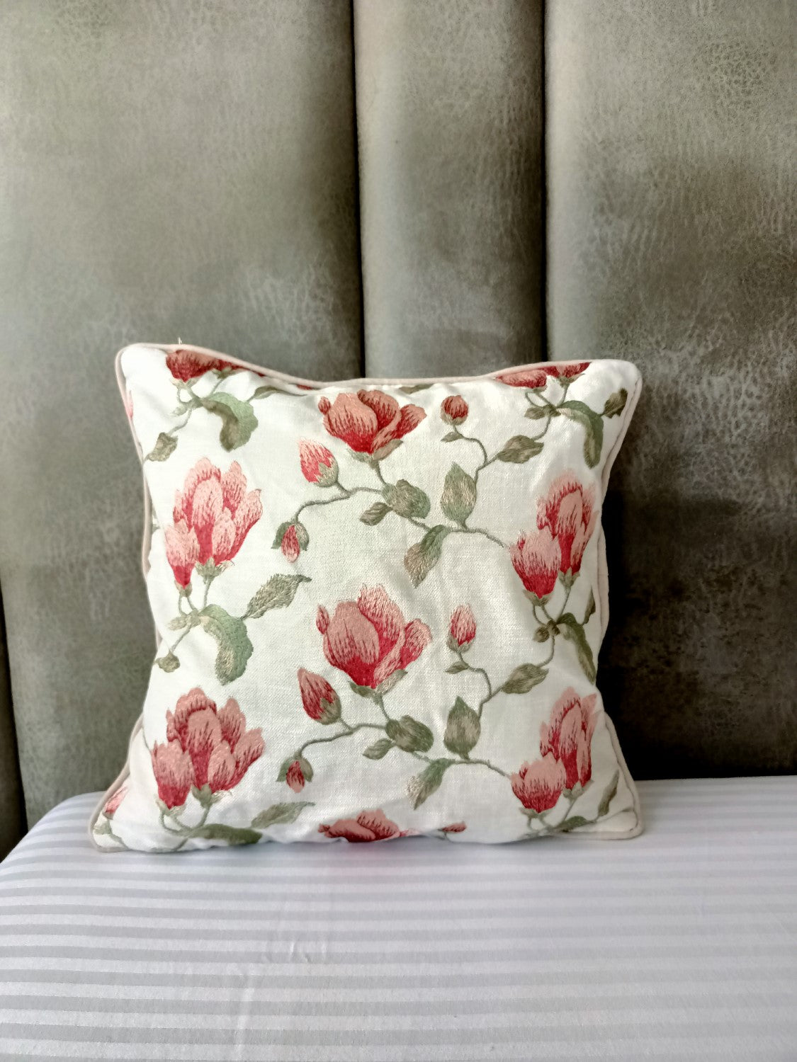 Red Floral Embroidered Cushion Cover