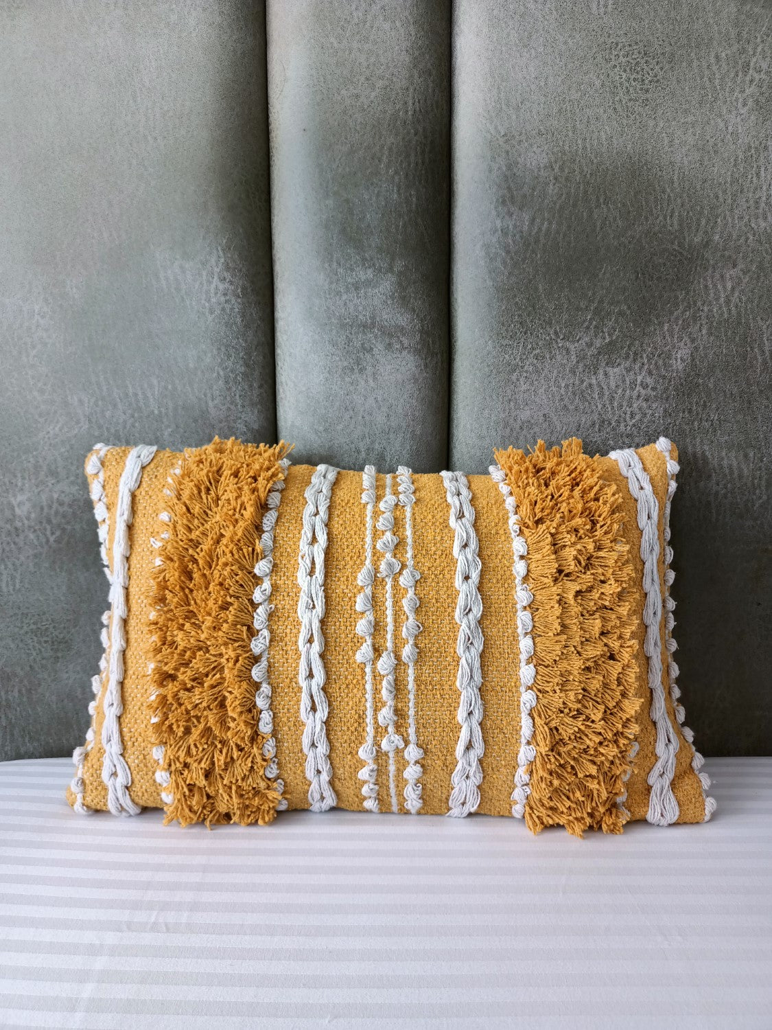 Yellow & White Boho Premium Lumbar Cushion Cover
