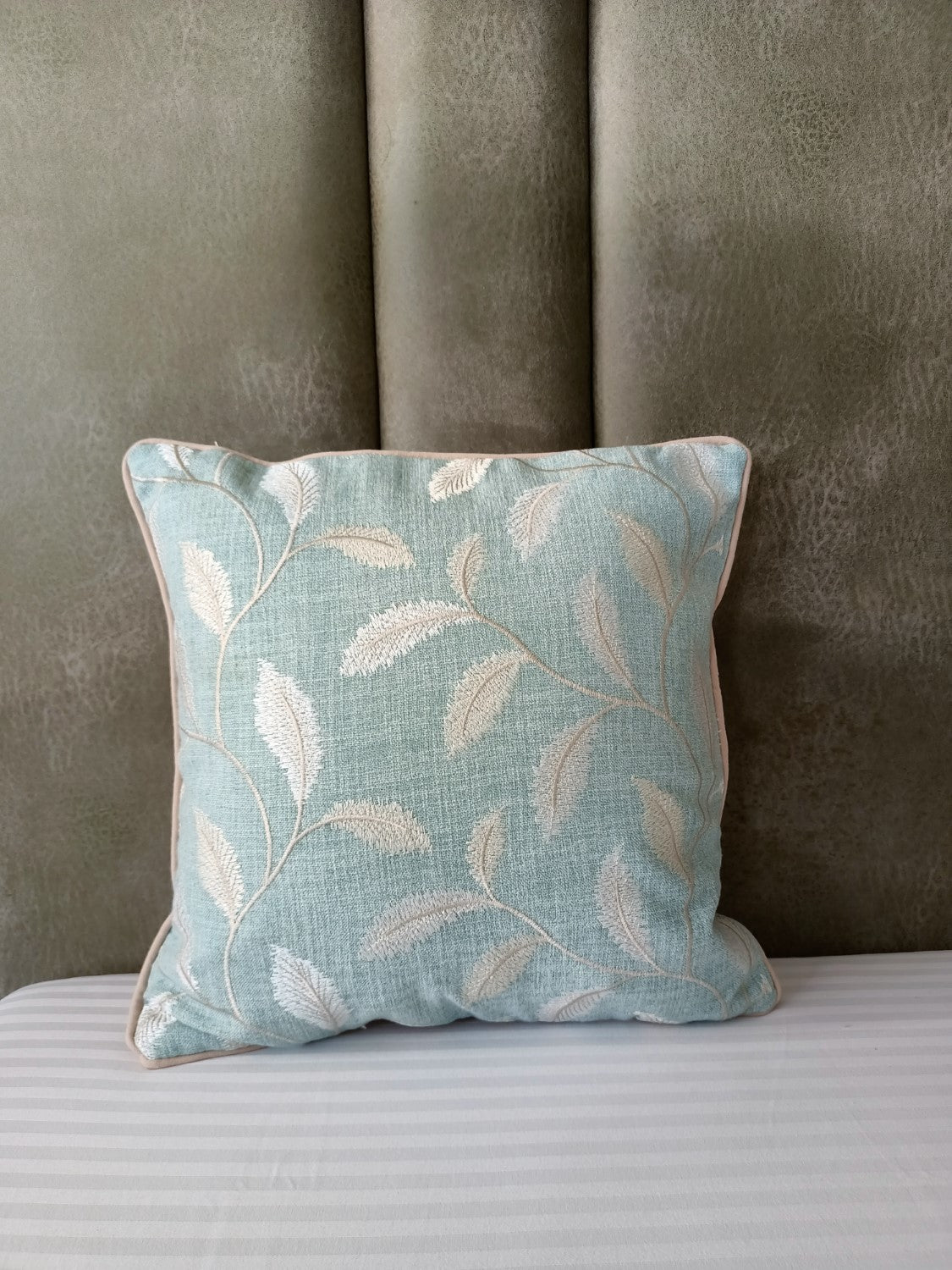 Blue Embroidered White Leaves Embroidered Cushion Cover