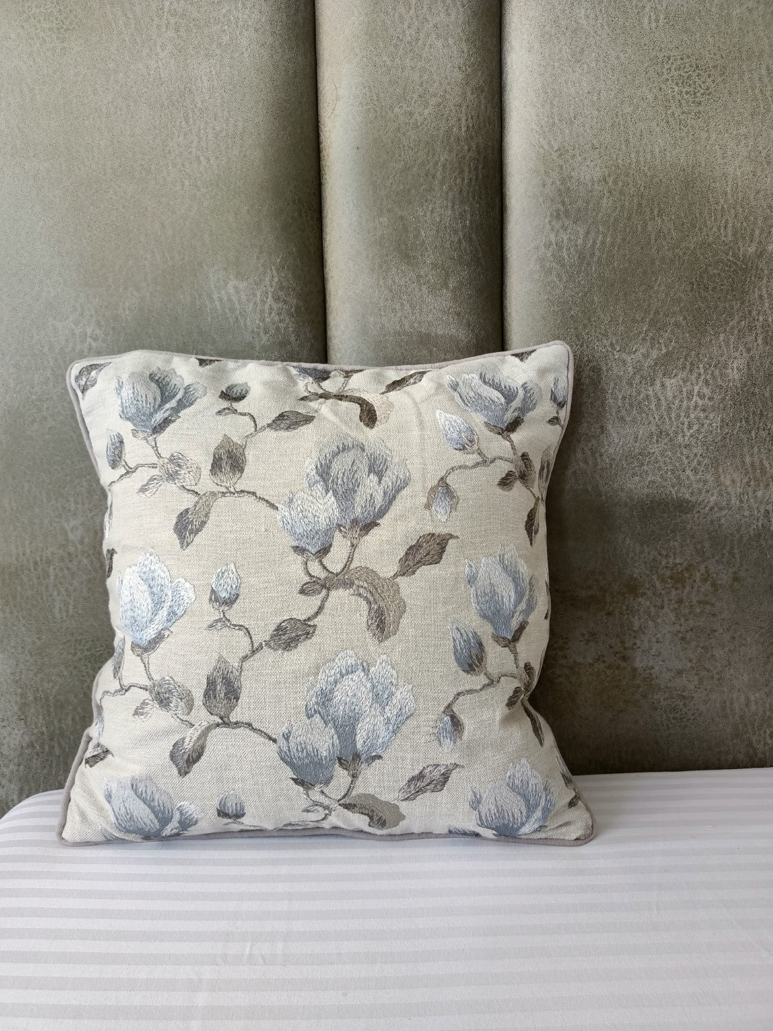 Blue Floral Embroidered  Cushion Cover