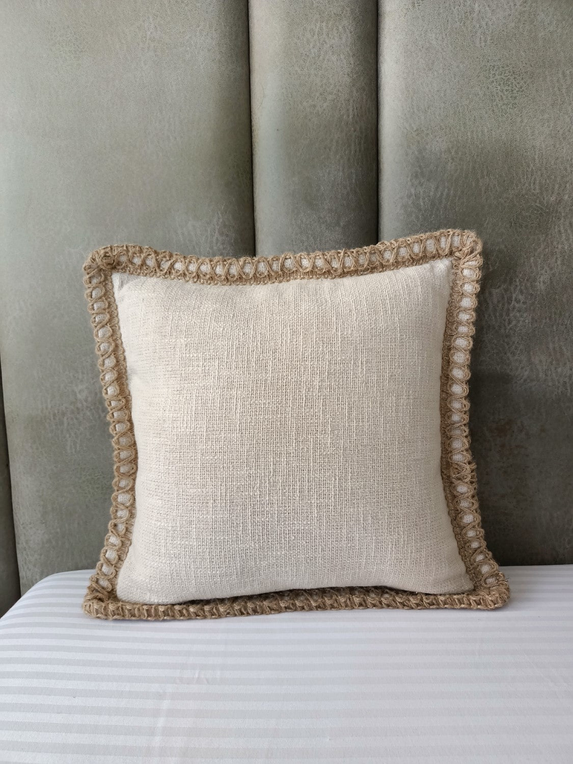 Beige with Jute Lace Solid Cushion Cover